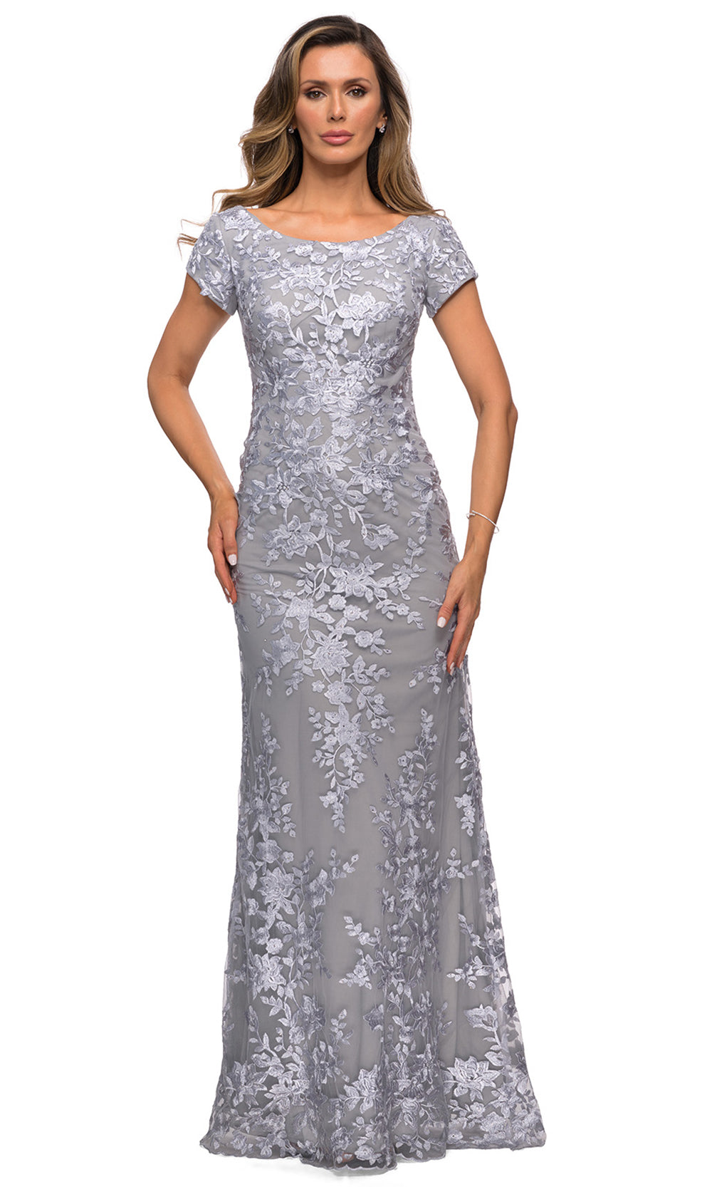 La Femme - 27842 Scoop Neck Lace Fitted Dress In Silver