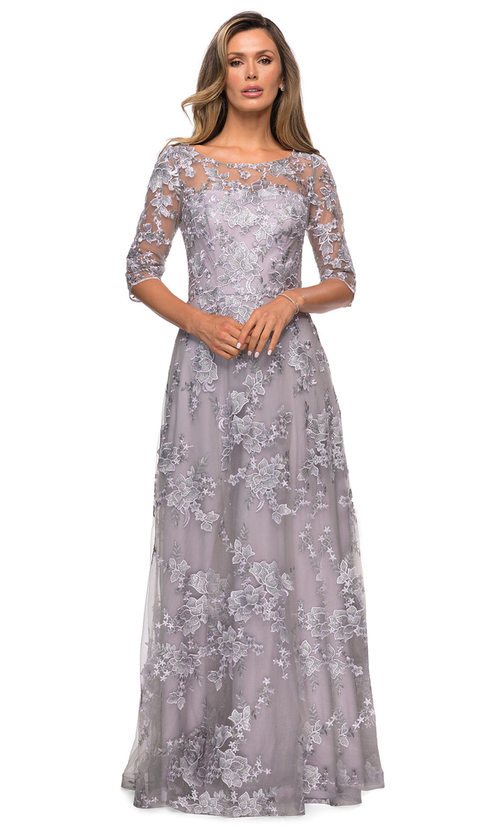 La Femme - 27854 Quarter Sleeve Floral Lace A-Line Dress In Purple