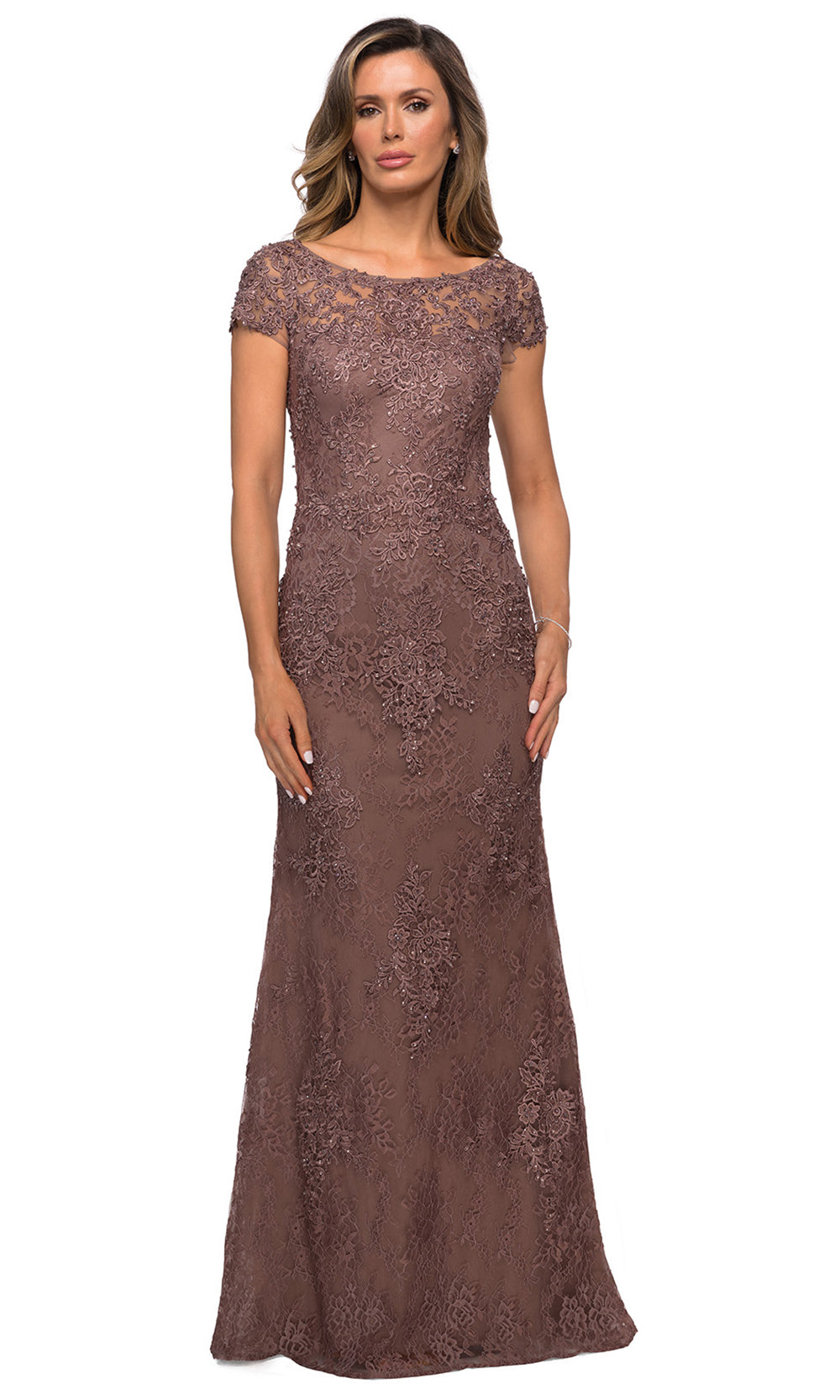La Femme - 27856 Full Length Lace Fitted Dress In Brown