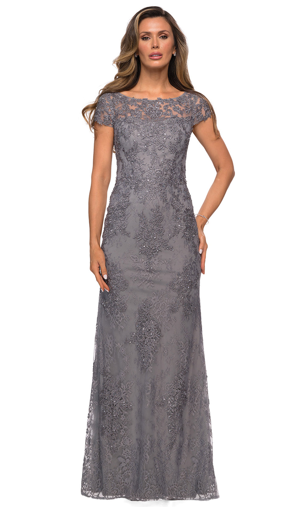 La Femme - 27856 Full Length Lace Fitted Dress In Silver