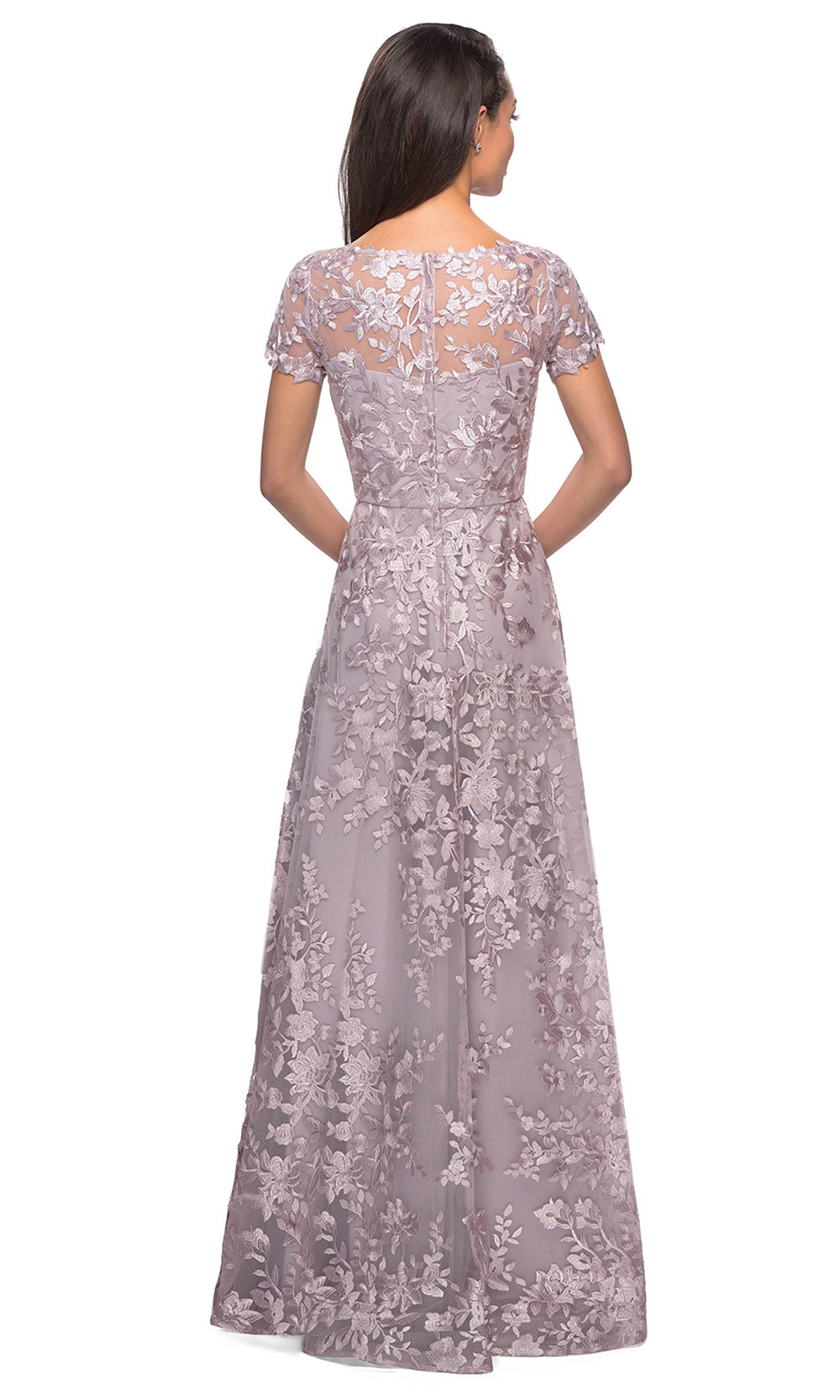 La Femme - 27870 Floral Lace Short Sleeve A-Line Dress In Pink
