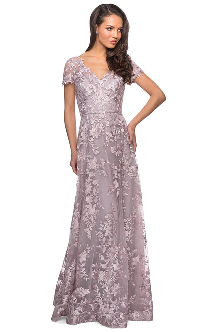 La Femme - 27870 Floral Lace Short Sleeve A-Line Dress In Pink
