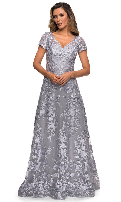 La Femme - 27870 Floral Lace Short Sleeve A-Line Dress In Silver & Gray