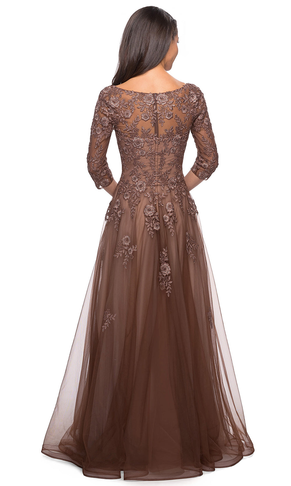 La Femme - 27908 Floral V Neck A-Line Dress In Brown