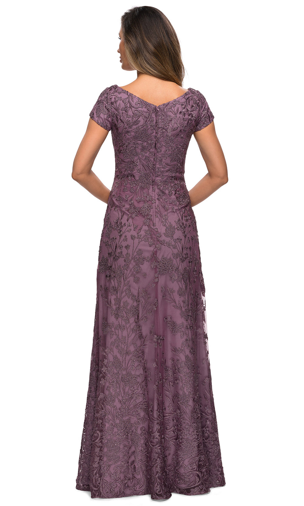 La Femme - 27915 Ornate Lace Short Sleeve Long Dress In Pink