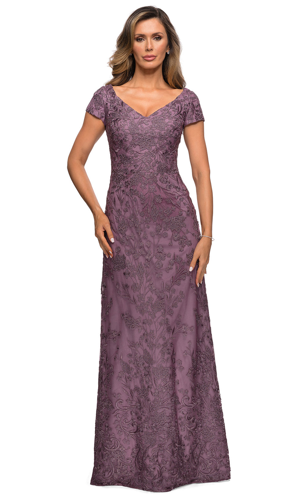 La Femme - 27915 Ornate Lace Short Sleeve Long Dress In Pink