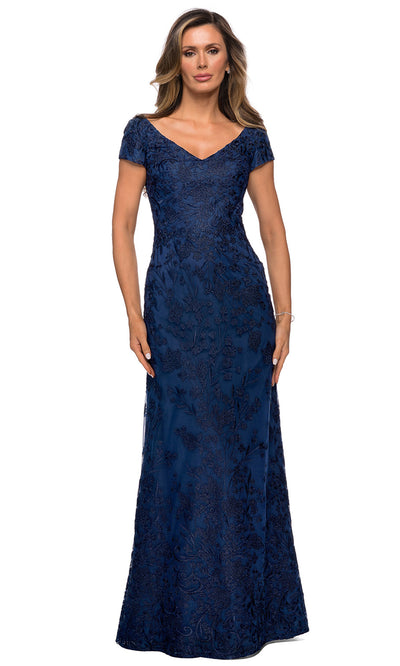 La Femme - 27915 Ornate Lace Short Sleeve Long Dress In Blue
