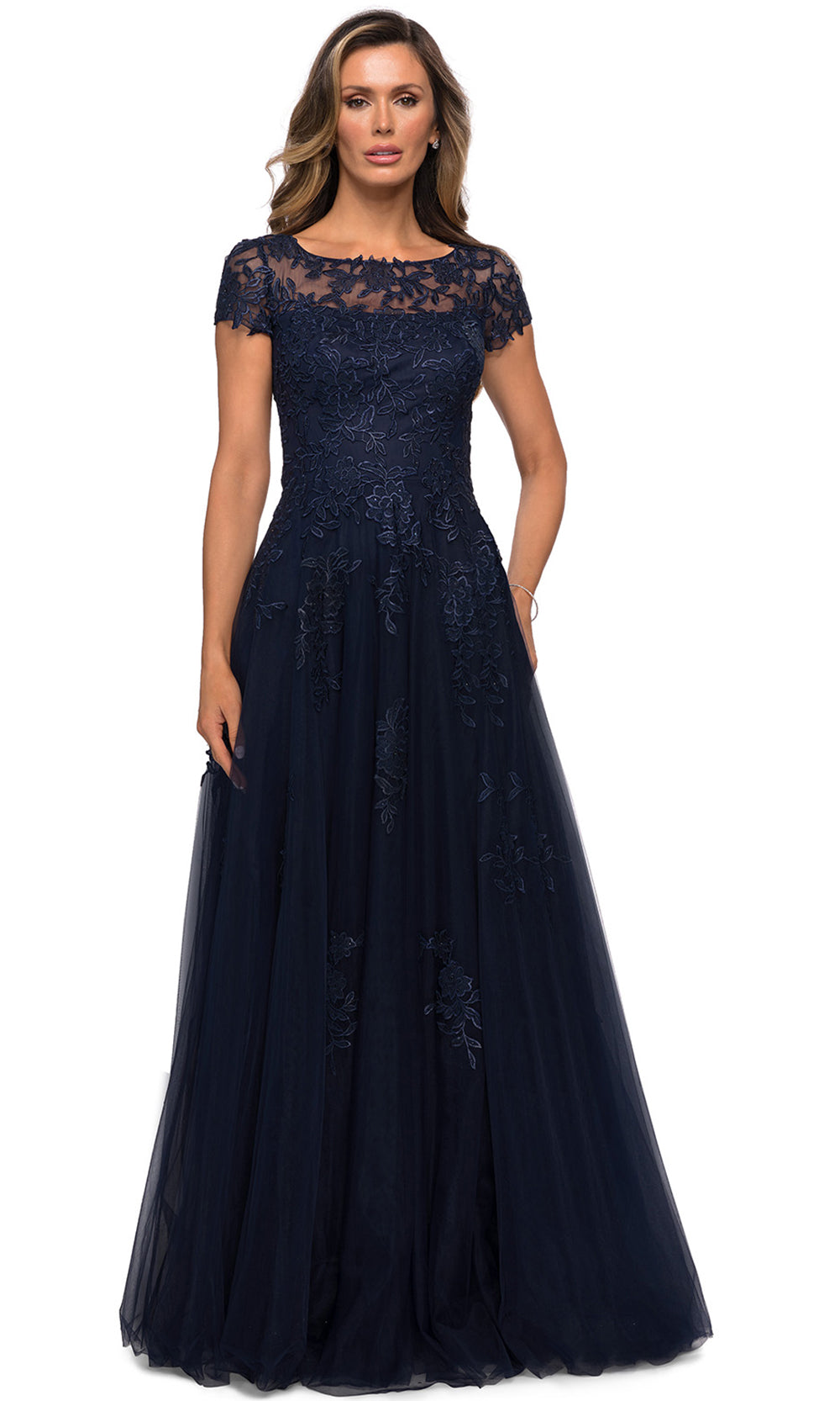 La Femme - 27920 Lace And Tulle A-Line Dress In Blue