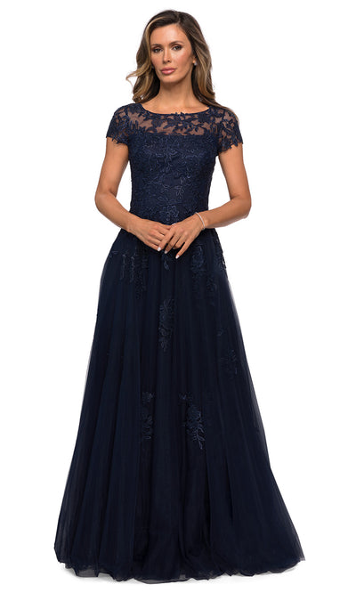 La Femme - 27920 Lace And Tulle A-Line Dress In Blue
