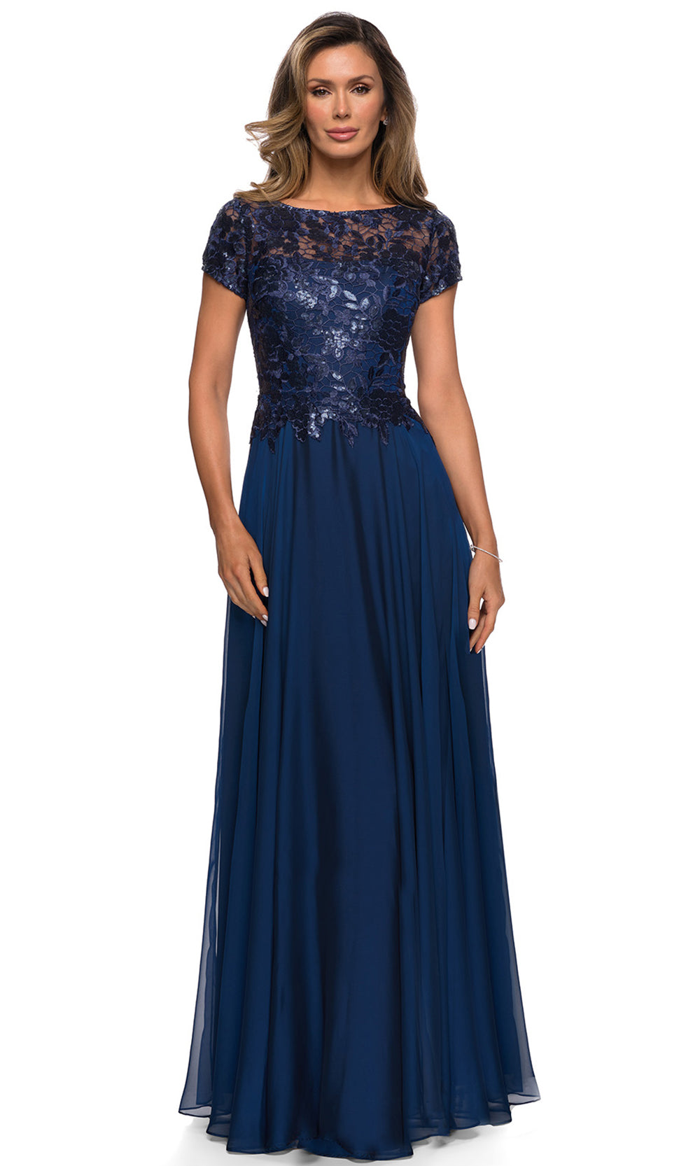 La Femme - 27924 Short Sleeve Illusion Lace Chiffon Dress In Blue