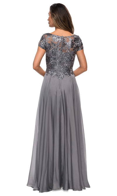 La Femme - 27924 Short Sleeve Illusion Lace Chiffon Dress In Silver & Gray