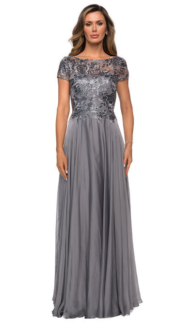 La Femme - 27924 Short Sleeve Illusion Lace Chiffon Dress In Silver & Gray