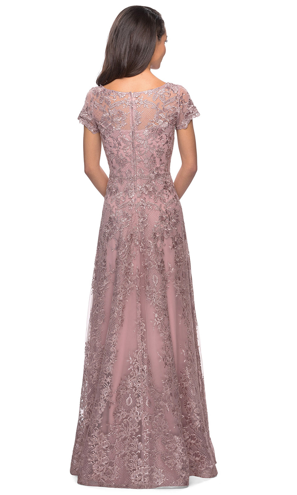 La Femme - 27935 Sheer Neckline Short Sleeve Lattice Lace A-Line Gown In Mauve