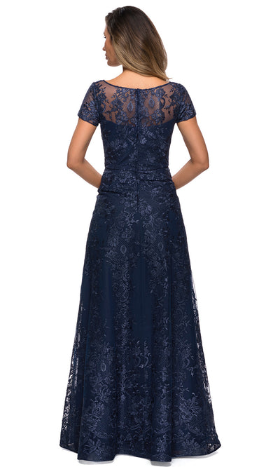 La Femme - 27935 Sheer Neckline Short Sleeve Lattice Lace A-Line Gown In Blue