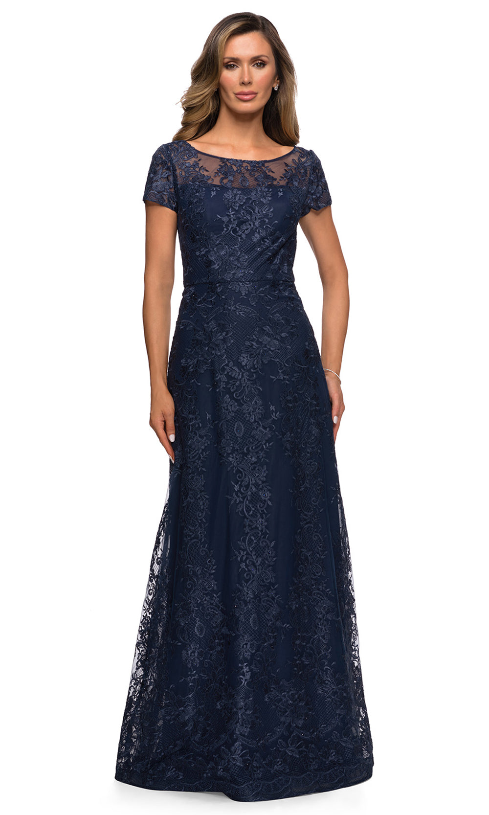 La Femme - 27935 Sheer Neckline Short Sleeve Lattice Lace A-Line Gown In Blue