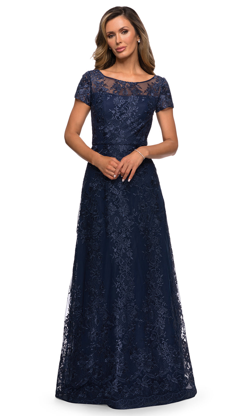 La Femme - 27935 Sheer Neckline Short Sleeve Lattice Lace A-Line Gown In Blue