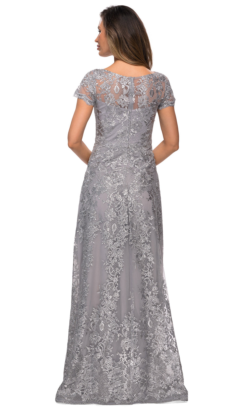 La Femme - 27935 Sheer Neckline Short Sleeve Lattice Lace A-Line Gown In Silver & Gray