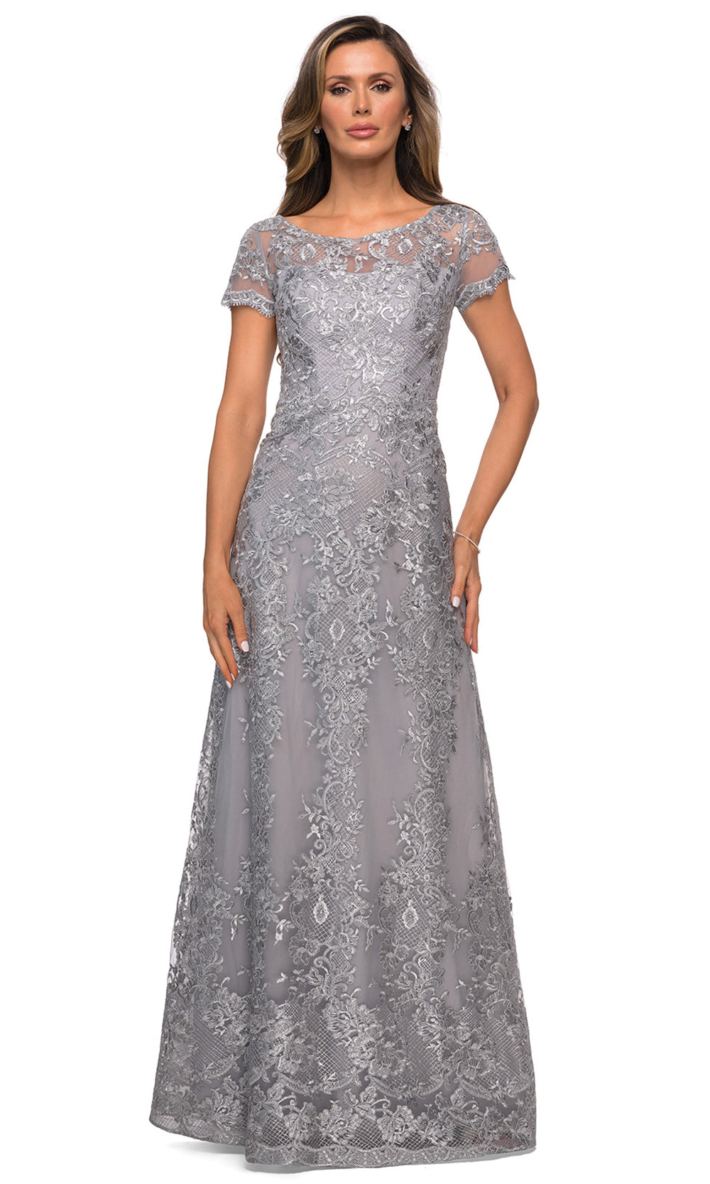 La Femme - 27935 Sheer Neckline Short Sleeve Lattice Lace A-Line Gown In Silver & Gray