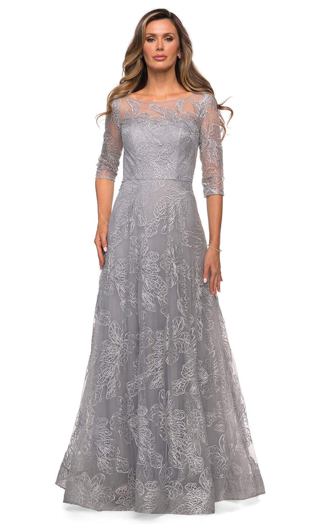 La Femme - 27942 Illusion Floral Lace A-Line Dress In Silver & Gray