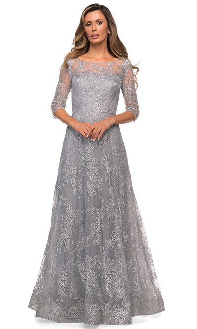 La Femme - 27942 Illusion Floral Lace A-Line Dress In Silver & Gray