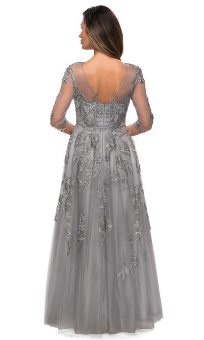 La Femme - 27944 Floral Lace A-Line Evening Dress In Silver and Gray