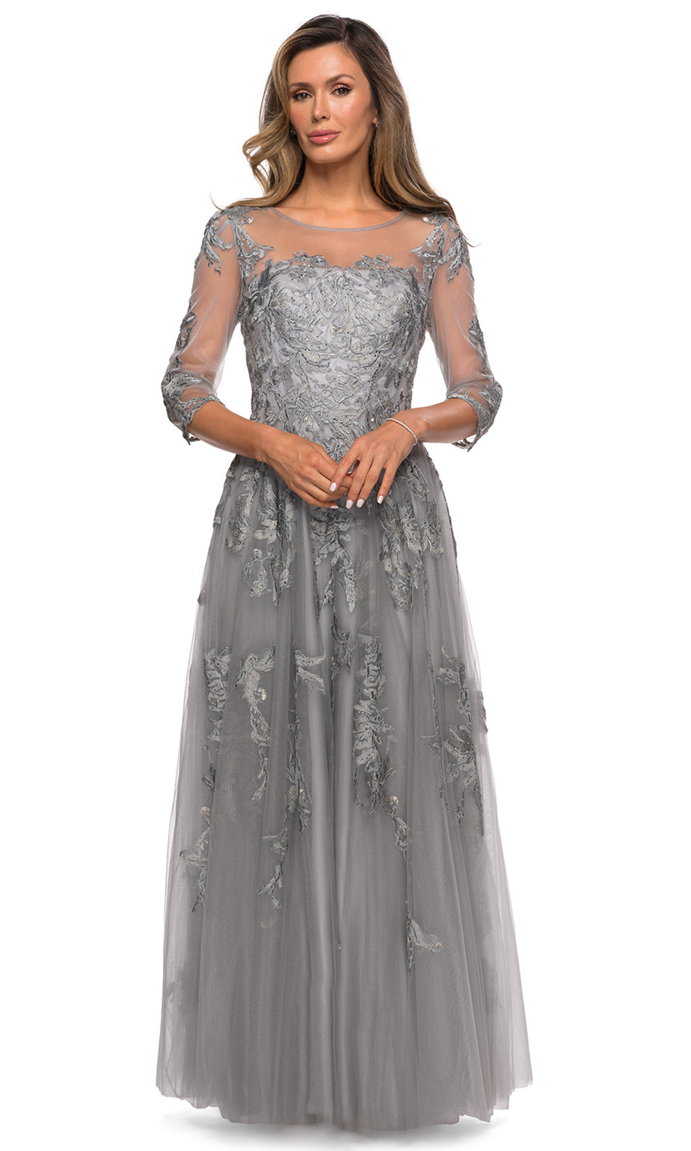 La Femme - 27944 Floral Lace A-Line Evening Dress In Silver and Gray