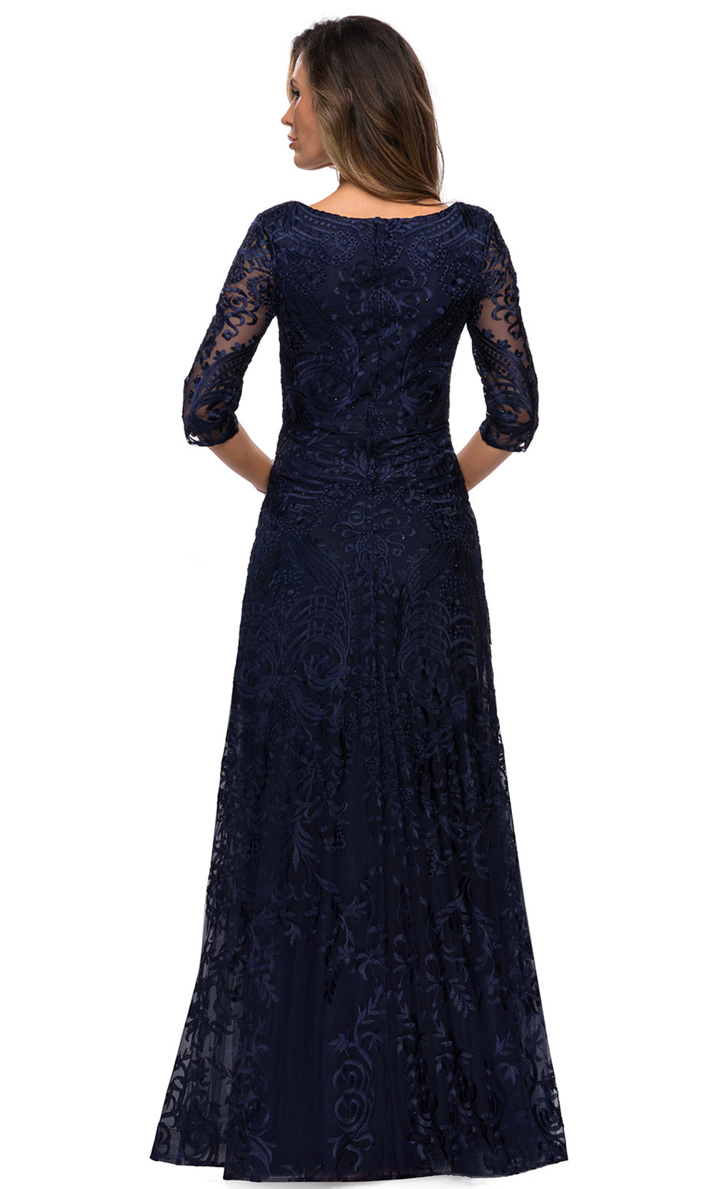 La Femme - 27949 Quarter Length Sleeve Embroidered Lace A-Line Gown In Blue