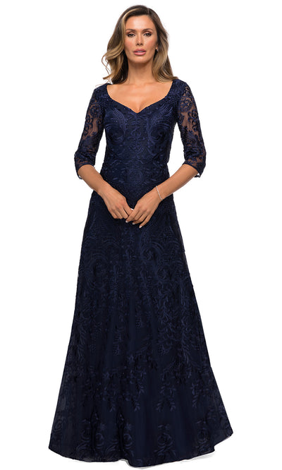 La Femme - 27949 Quarter Length Sleeve Embroidered Lace A-Line Gown In Blue
