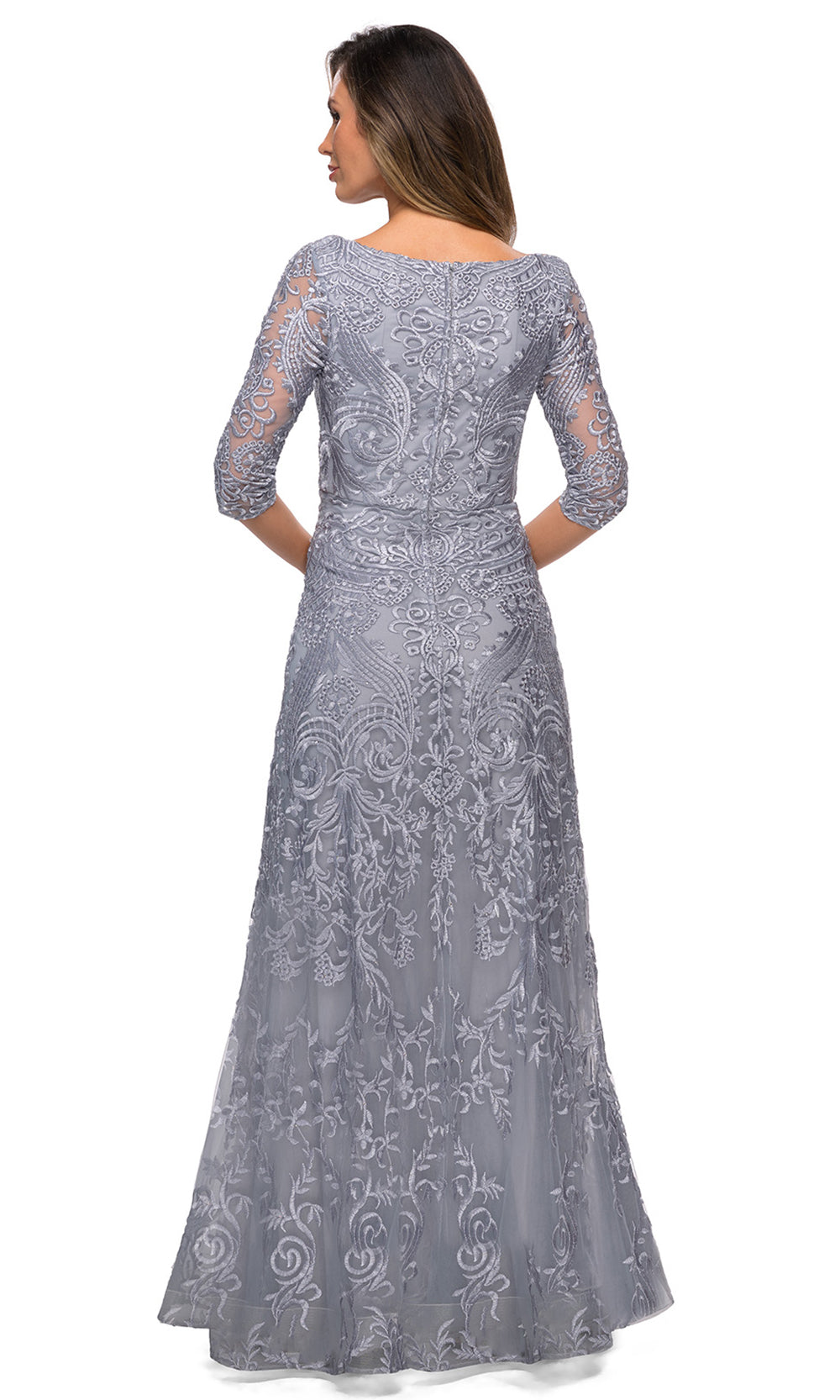 La Femme - 27949 Quarter Length Sleeve Embroidered Lace A-Line Gown In Silver & Gray