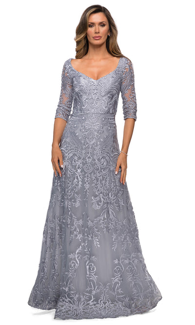La Femme - 27949 Quarter Length Sleeve Embroidered Lace A-Line Gown In Silver & Gray