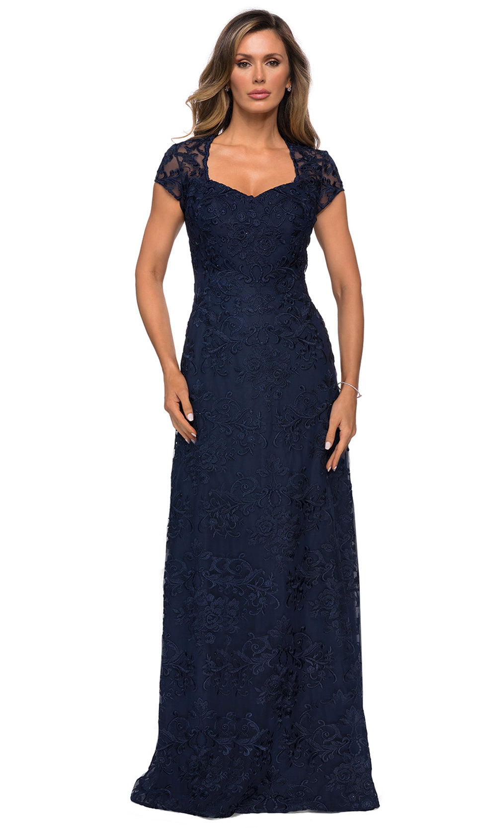 La Femme - 27951 Embroidered V Neck Fitted Dress In Blue