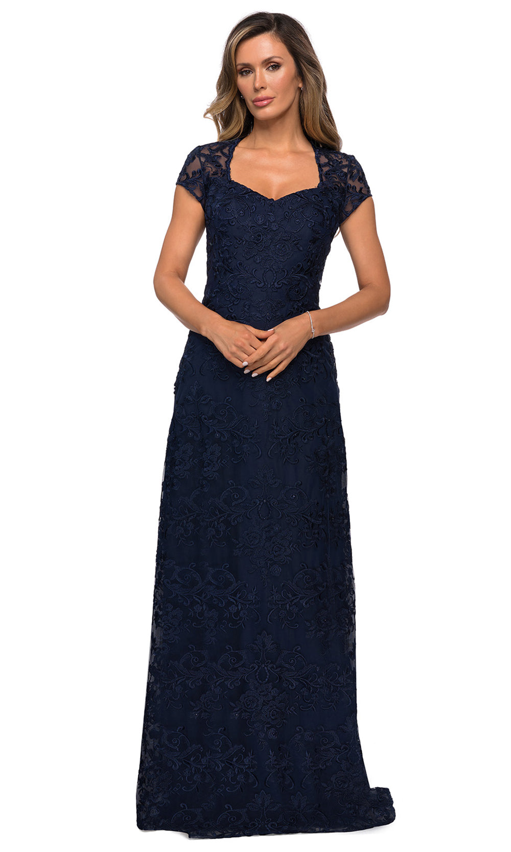 La Femme - 27951 Embroidered V Neck Fitted Dress In Blue