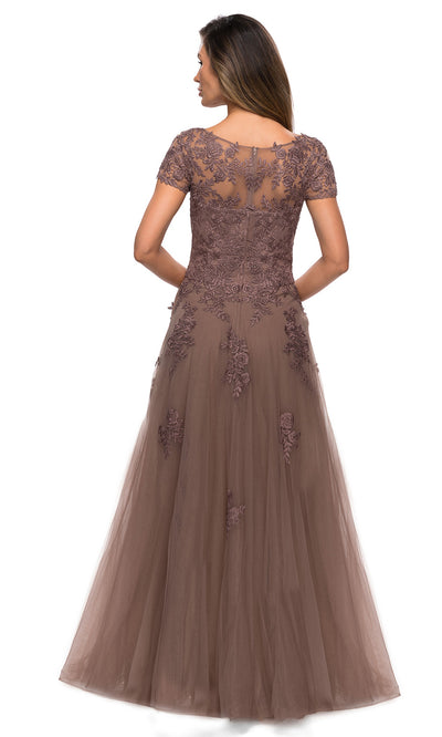 La Femme - 27958 Short Sleeve Floral Appliqued Tulle Dress In Brown