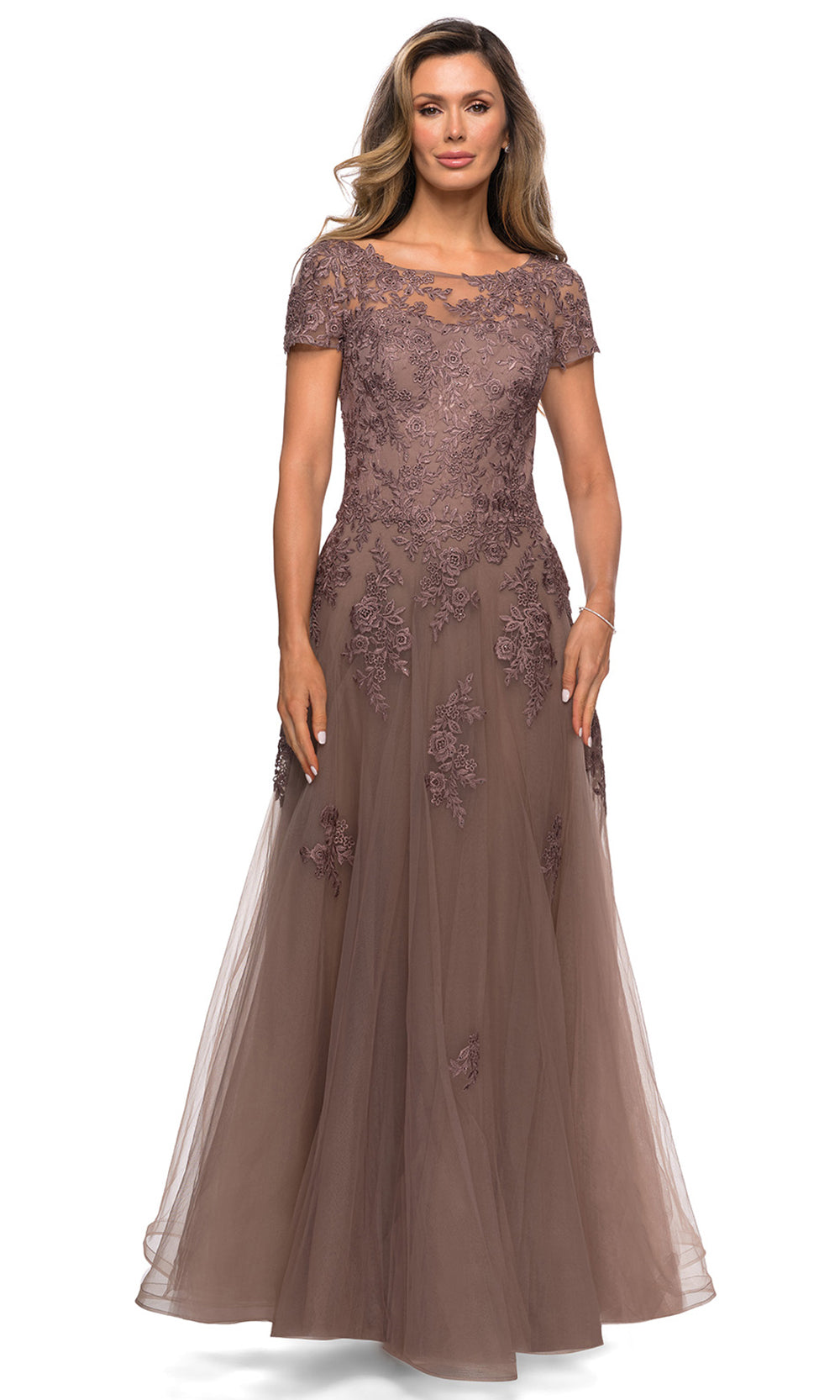 La Femme - 27958 Short Sleeve Floral Appliqued Tulle Dress In Brown