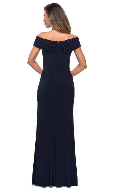 La Femme - 27959 Off Shoulder Wrap Bodice Long Dress In Blue