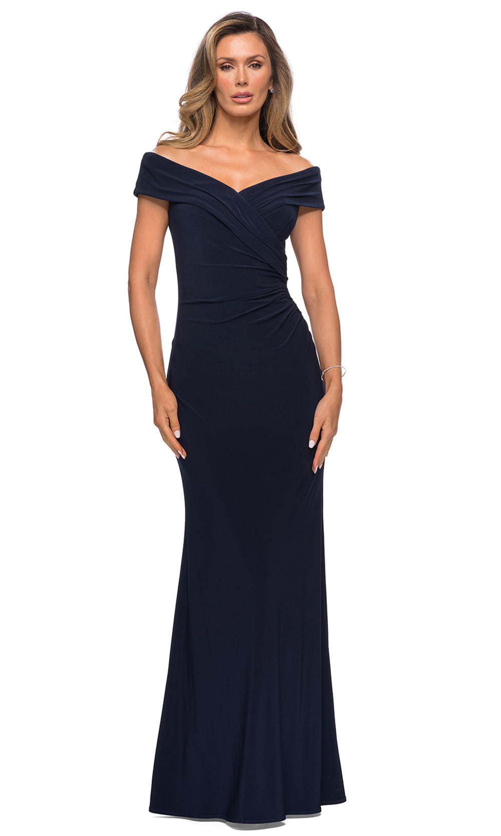 La Femme - 27959 Off Shoulder Wrap Bodice Long Dress In Blue