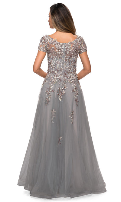 La Femme - 27968 Lace Applique Tulle A-Line Dress In Silver and Gray