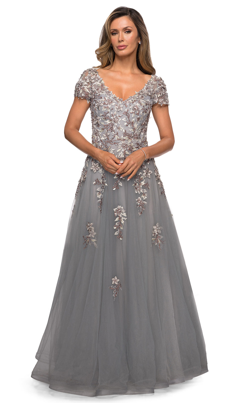 La Femme - 27968 Lace Applique Tulle A-Line Dress In Silver and Gray