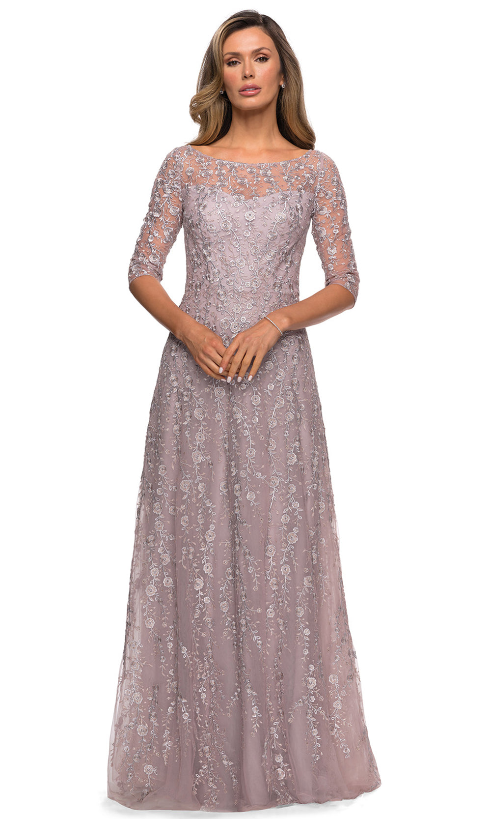 La Femme - 27981 Quarter Sleeve Sheer Lace Dress In Pink