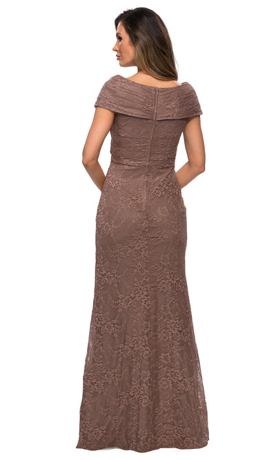 La Femme - 27982 Off Shoulder Fitted Faux Wrap Bodice Lace Dress In Brown