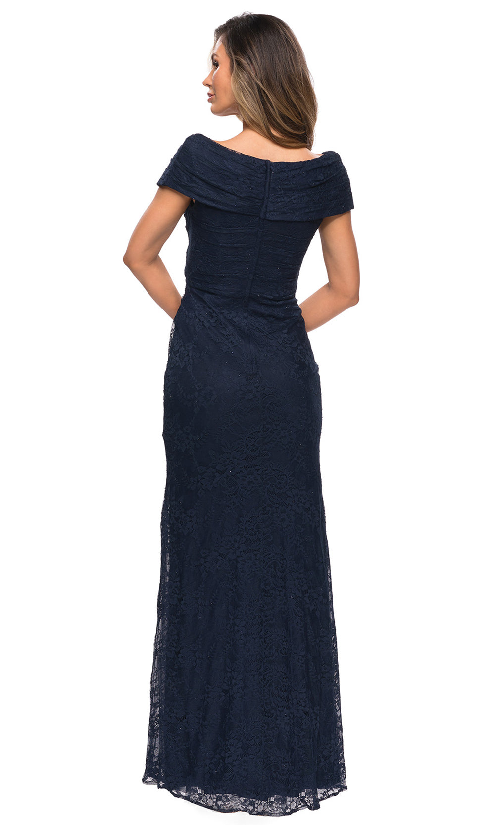 La Femme - 27982 Off Shoulder Fitted Faux Wrap Bodice Lace Dress In Blue
