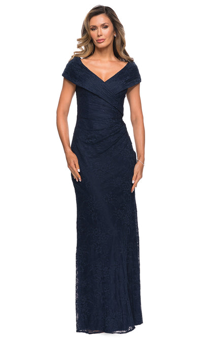 La Femme - 27982 Off Shoulder Fitted Faux Wrap Bodice Lace Dress In Blue