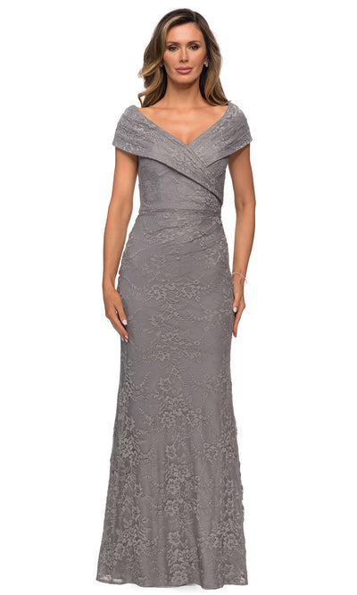 La Femme - 27982 Off Shoulder Fitted Faux Wrap Bodice Lace Dress In Silver & Gray