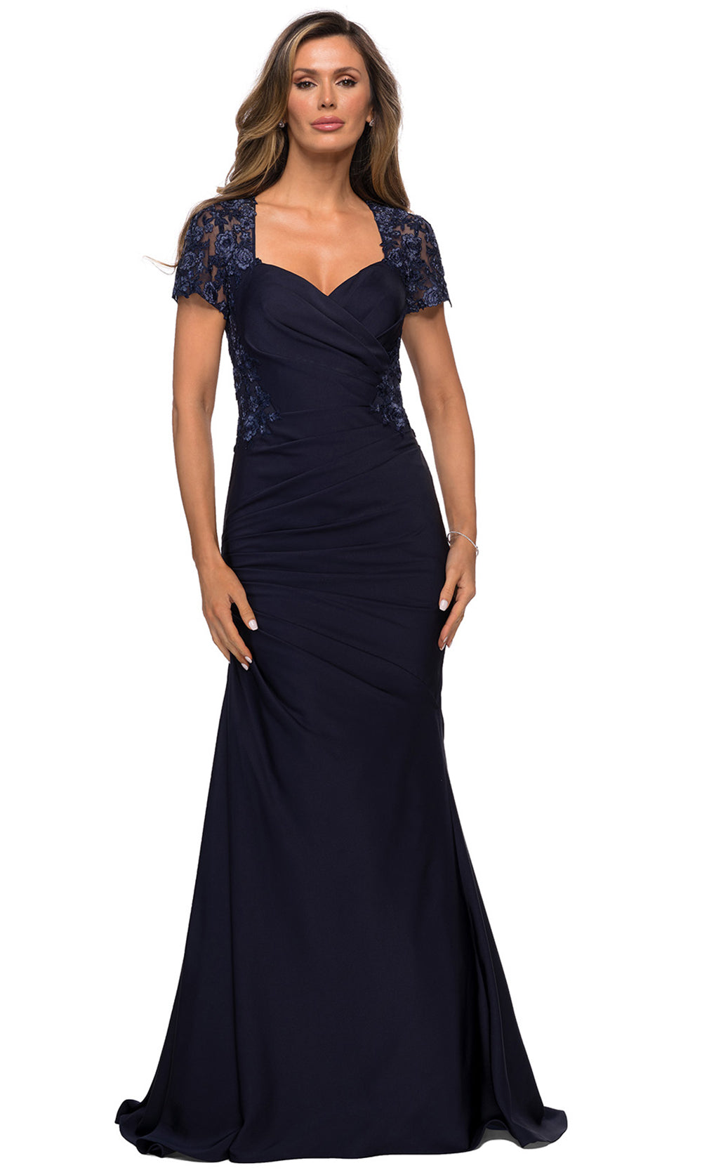 La Femme - 27989 V Neck Trumpet Dress In Blue