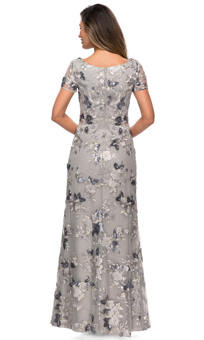 La Femme - 27991 Short Sleeve Sequined Rosette Long Dress In Silver & Gray