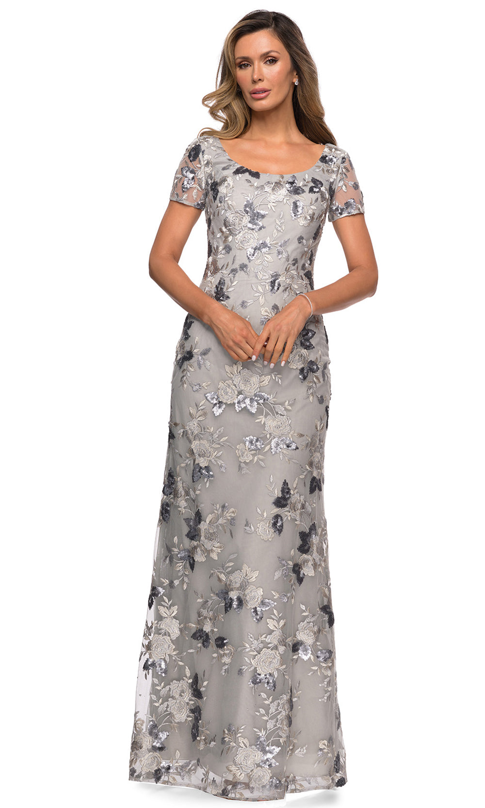 La Femme - 27991 Short Sleeve Sequined Rosette Long Dress In Silver & Gray