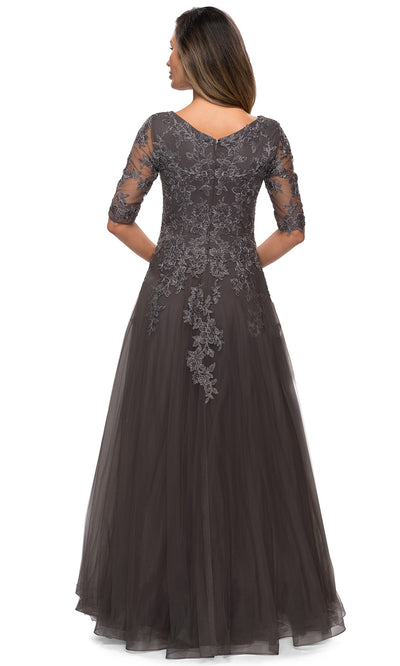 La Femme - 27993 V Neck Lace A-Line Evening Gown In Silver and Gray