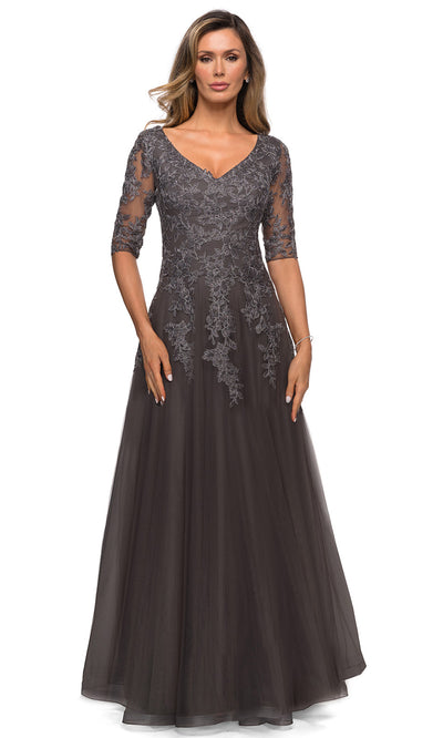 La Femme - 27993 V Neck Lace A-Line Evening Gown In Silver and Gray