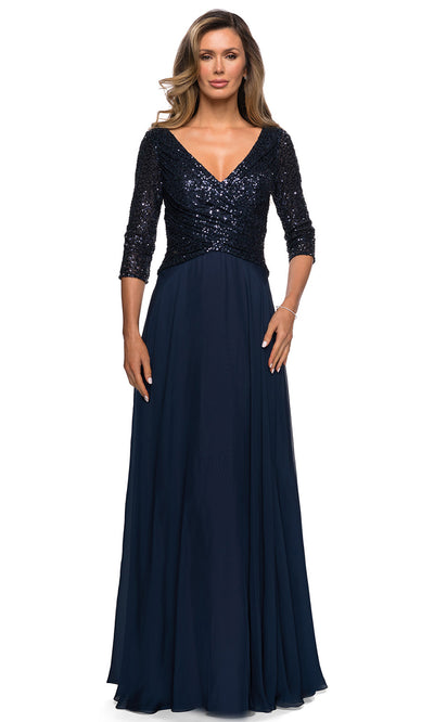 La Femme - 27998 Sequin V Neck A-Line Dress In Blue