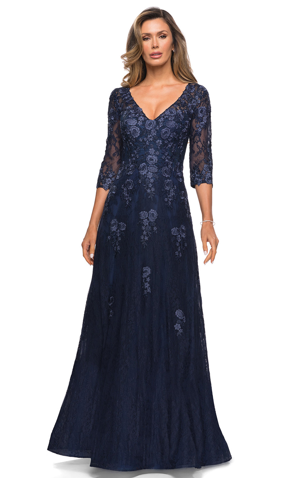 La Femme - 28000 Beaded Lace A-Line Evening Dress In Blue